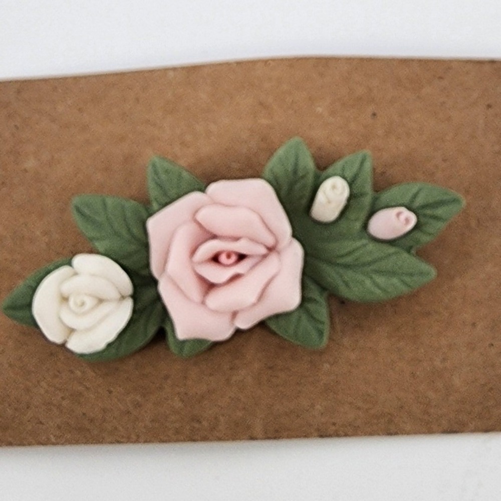 Vintage Pink and White Rose Floral Polymer Clay Brooch Pin Green Leaves